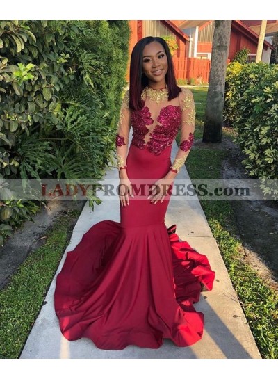 Sexy Mermaid Red Long Sleeves Elastic Satin Women's Prom Dresses With Appliques Long Train