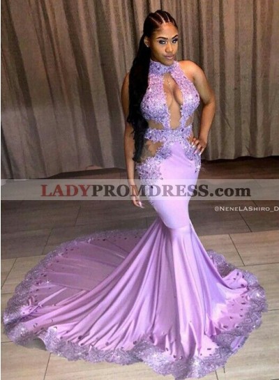 Sexy Mermaid Lilac Long Train Backless Prom Dresses With Appliques