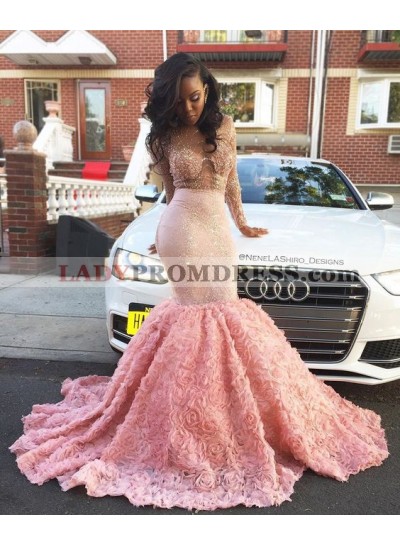 Amazing Pink Long Sleeves Rose Mermaid Transparent Prom Dresses With Beads 
