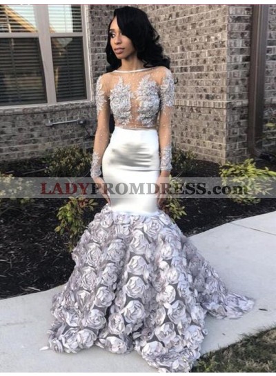 New Arrival Silver Mermaid Long Sleeves Transparent Rose Decoration Prom Dresses