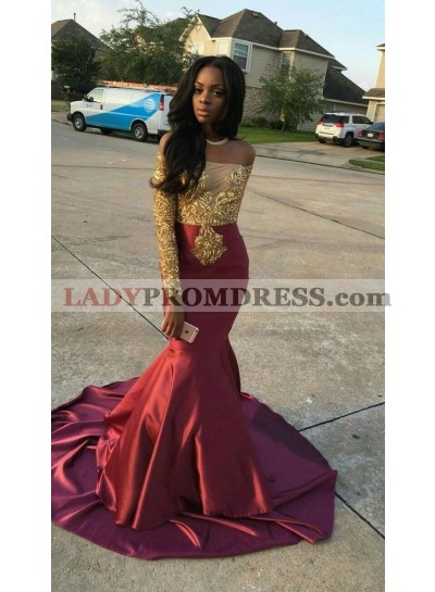 Sexy Mermaid Burgundy Satin Off Shoulder Prom Dresses With Gold Appliques