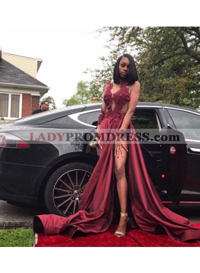 Cheap A Line Side Slit Burgundy Long Sleeves Appliques Satin Prom Dresses