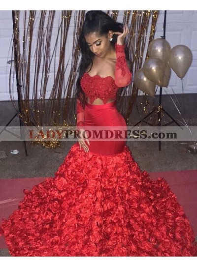 Charming Mermaid Red Long Sleeves Rose Pleated Elastic Satin Prom Dresses