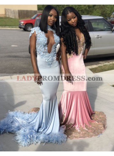 Newly Deep V Neck Blue Mermaid Prom Dresses With Feathers