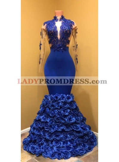 Mermaid Long Prom Dresses Royal Blue High Neck See Through Long Sleeve African Prom Dresses with Flowers