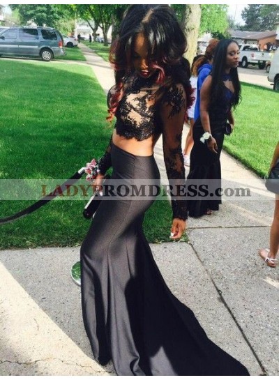 Sexy Black Long Sleeves Lace Two Pieces Mermaid Prom Dresses