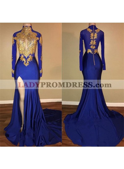 Charming African Royal Blue Side Slit Sheath Long Sleeves Prom Dresses ...