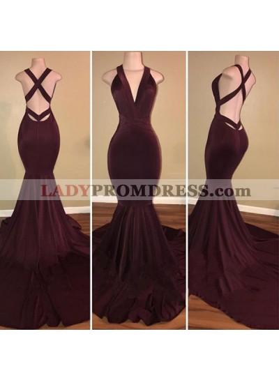 Sexy Grape Mermaid Back Criss Cross Halter Velvet Long African Ladies Prom Dresses