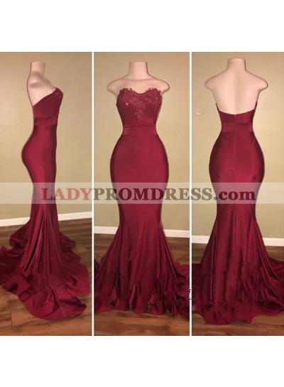 Cheap Burgundy Mermaid Sweetheart Zipper Elastic Satin Long Prom Dresses With Appliques