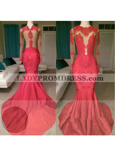 2018 Red Mermaid See Through Long Sleeves Satin Appliques Long Prom Dresses