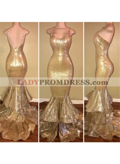Charming Gold Sequence Spaghetti Straps Sweetheart Ruffles Long Mermaid Prom Dresses