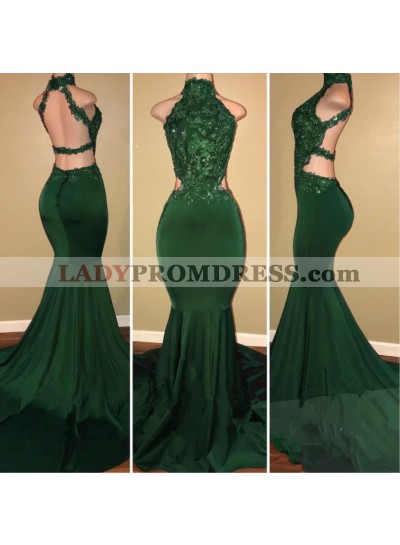Sexy High Neck Dark Green Backless Mermaid Elastic Satin Appliques Long African Prom Dresses