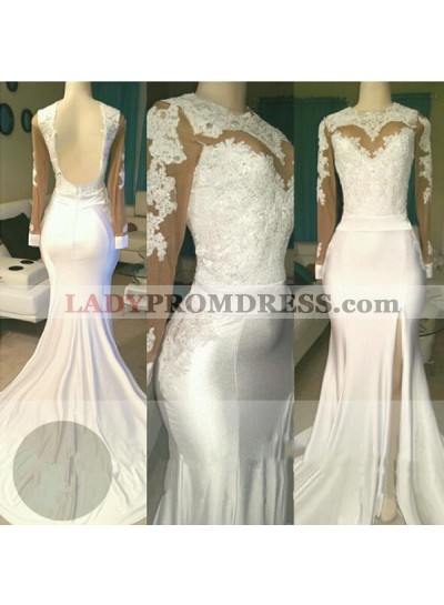 White Sheath Backless See Through Long Sleeves Side Slit Long Prom Dresses 2022 