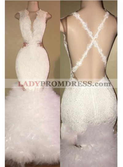 Sexy Mermaid Backless White Pleated Long African Prom Dresses With Appliques 