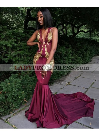 Sexy Mermaid Burgundy V Neck With Gold Appliques Long African Prom Dresses