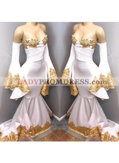 White Off Shoulder Mermaid Long Sleeves Prom Dresses With Gold Appliques African Prom Dresses