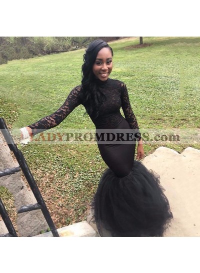 Sexy Black Mermaid Lace Long Sleeves African Ladies Tulle High Neck Prom Dresses