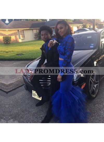Charming Royal Blue Tulle Long Sleeves Mermaid Two Pieces African Pleated Lace Prom Dresses