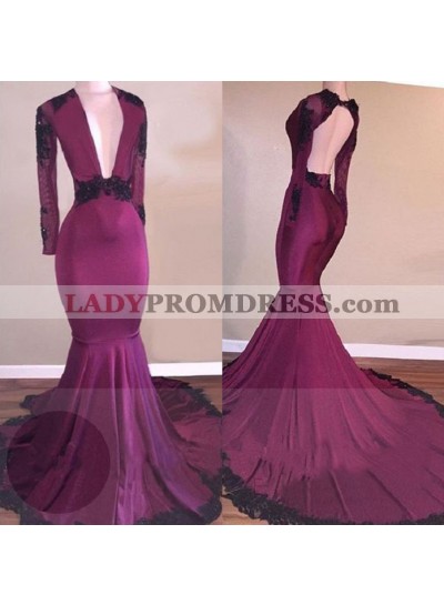 Sexy Burgundy Long Sleeves Elastic Satin Deep V Neck African Backless Long Prom Dresses With Black Appliques