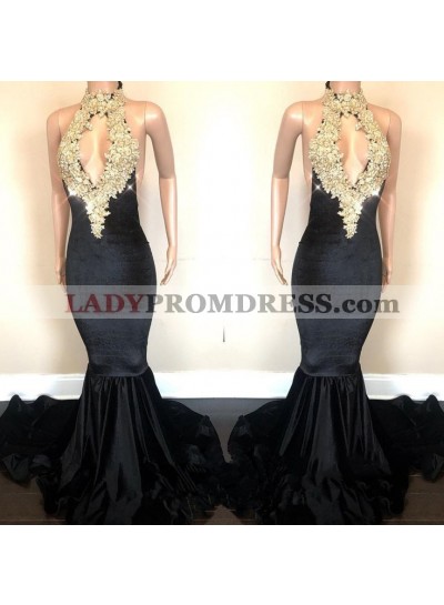 Sexy Backless High Neck Velvet Black Prom Dresses With Gold Appliques Mermaid African Open Front Long