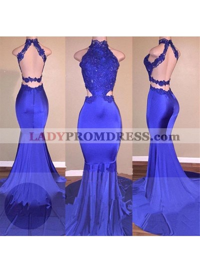 Sexy Mermaid Royal Blue Backless With Appliques High Neck Long Prom Dresses