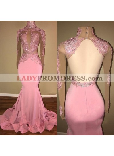 Alluring Pink Mermaid Long Sleeves Backless Elastic Satin Open Front High Neck Prom Dresses 2023 