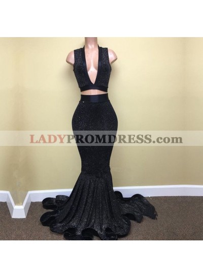 Sexy Mermaid Black V Neck Two Pieces Sequence Long Prom Dresses