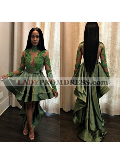 New Arrival A Line Green Backless Long Sleeves High Low Short See Through Prom Dress With Appliques 