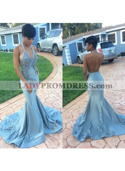Blue Mermaid Backless Halter Beaded Elastic Satin Long African Prom Dresses
