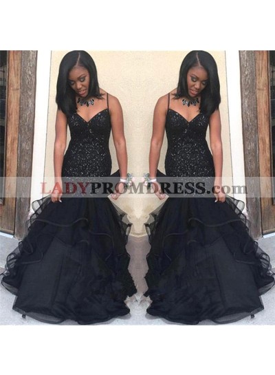 Black Sweetheart Long Tulle Mermaid Spaghetti Straps Mermaid African Prom Dresses