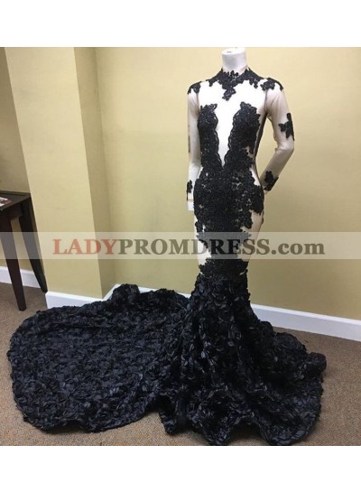 Alluring Mermaid Black See Through Long Sleeves Rose Long High Neck Prom Dresses