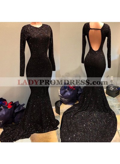 Shiny Black Mermaid Long Sleeves Round Neck Backless Long Sequence Prom Dresses