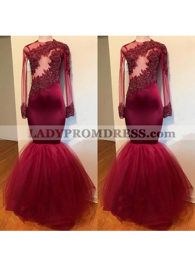 Charming Burgundy Long Sleeves See Through Tulle Mermaid Prom Dresses