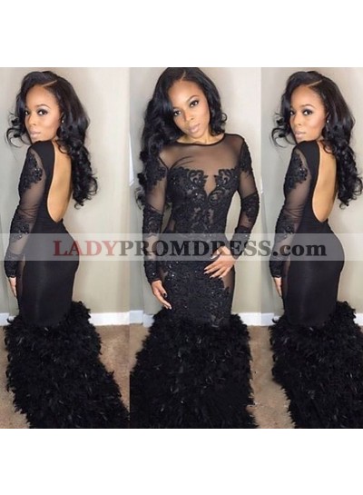 Amazing Black Mermaid Pleated With Appliques Long Sleeves See Through Backless Prom Dresses