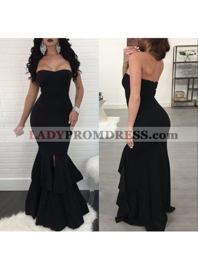 Sexy Black Mermaid Sweetheart Ruffles Side Slit Plain Floor Length Prom Dresses