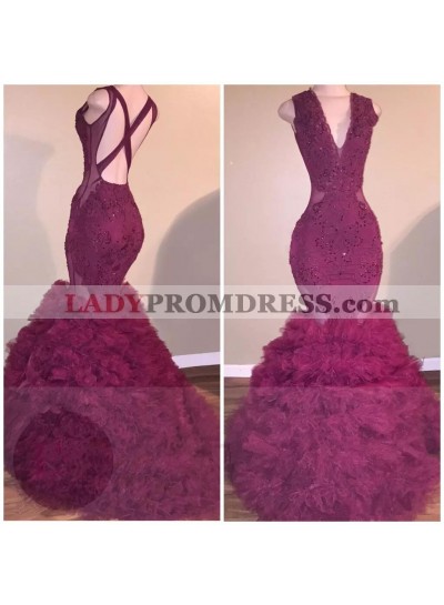 New Arrival Mermaid Burgundy Backless Pleated V Neck Criss Cross Prom Dresses