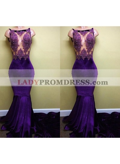 Charming Purple Mermaid Lace Velvet Long Train See Through Prom Dresses