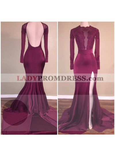 Long Sleeves Side Slit Backless Burgundy Elastic Satin Long Prom Dresses With Appliques