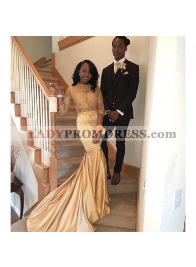 New Arrival Sheath Champagne Long Sleeves See Through African Long Prom Dresses