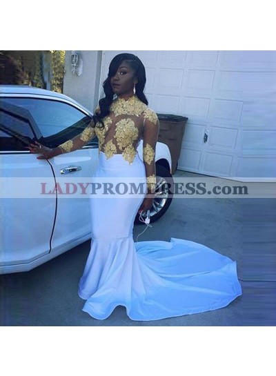Long White Prom Dresses With Gold Appliques Mermaid Long Sleeves See Through