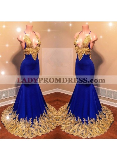 Amazing Royal Blue Mermaid With Gold Appliques Sweetheart Spaghetti Straps Backless Prom Dresses