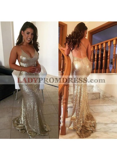 Sexy Backless Gold Sequence Sheath Long Halter Prom Dresses 