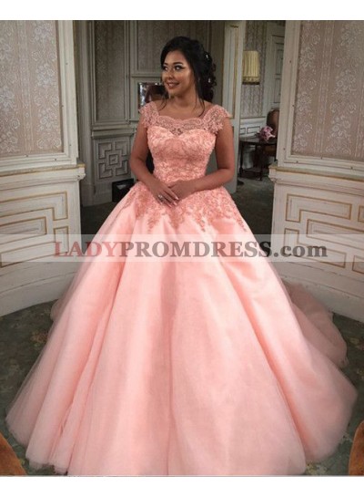 Elegant Ball Gown Pink Square Tulle High Waist Prom Dresses With Appliques