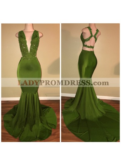 Sexy Green Mermaid Deep V Neck Criss Cross Backless Long Prom Dresses