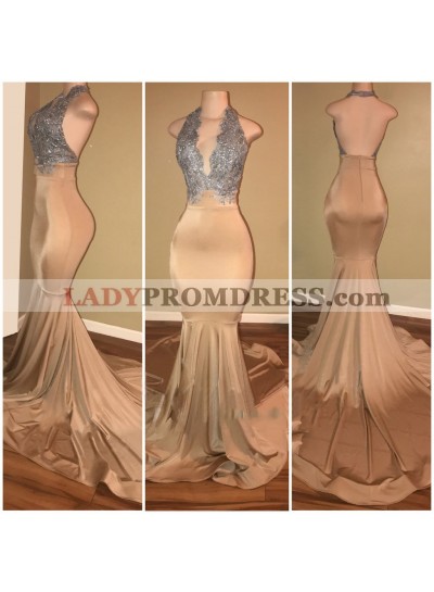 Sexy Champagne With Silver Appliques Mermaid Deep V Open Front Backless Long Prom Dresses