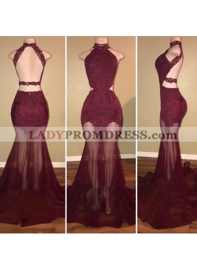 Burgundy Mermaid See Through Backless Tulle African Prom Dresses With Appliques