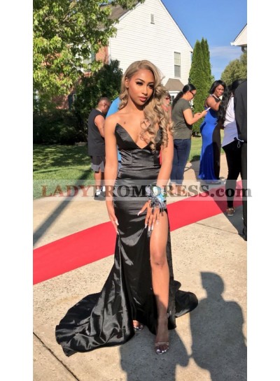Simple Black Sweetheart Side Slit Black Satin Long Sheath Prom Dresses