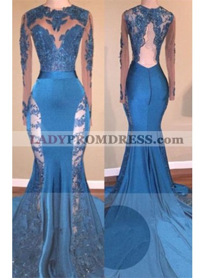New Arrival Mermaid Blue Lace Backless Long Sleeves Long Prom Dresses