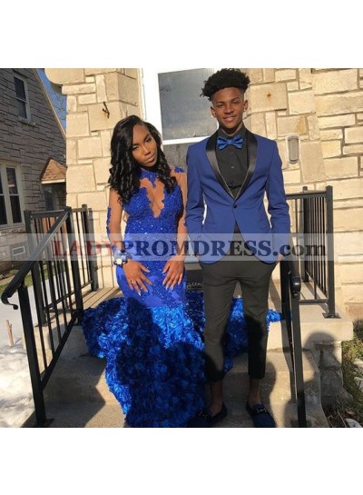Sexy Mermaid Royal Blue African Long Sleeves Rose Open Front Long Prom Dresses With Appliques