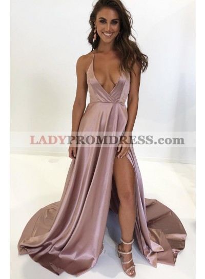 Sexy Deep V Neck Elastic Satin Side Slit A Line Dusty Rose Prom Dresses